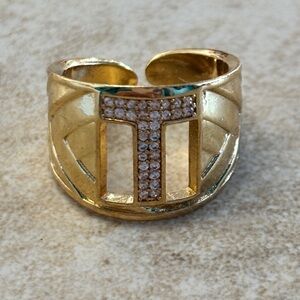 Gold Initial S Ring with Crystal Accents adjustable